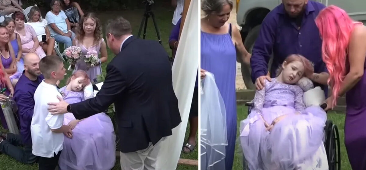 Brave little girl wheeled down the aisle by dad to marry school sweetheart days before passing away