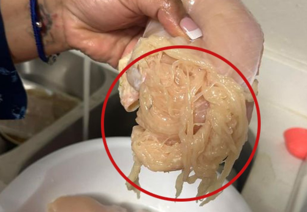 A mom posts a gross photo of a chicken breast that shreds like spaghetti